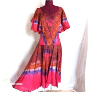 VTG Y2K Womens Silk Blouse & Skirt Set Outfit Tie Dye Fairy Artsy Hippie Boho Nw